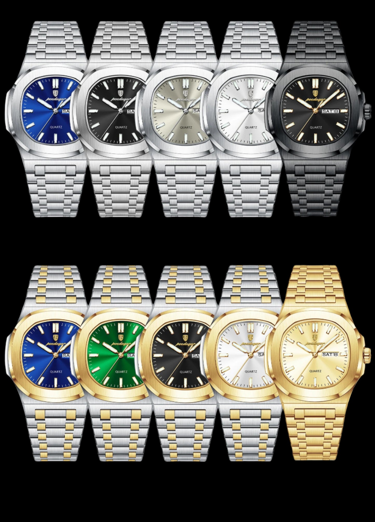 POEDAGAR 853 Large Luxury Square Watch – Stainless Steel, Waterproof, Luminous, Quartz Movement